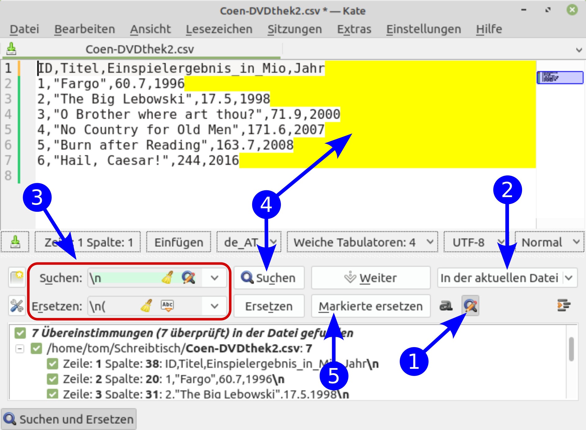 Suchen und Ersetzen mit REGEX in Kate
